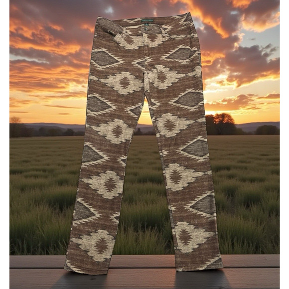 RALPH LAUREN Western Aztec Modern Skinny Jeans Womens Sz 8 Tribal Brown Navajo - Picture 1 of 14